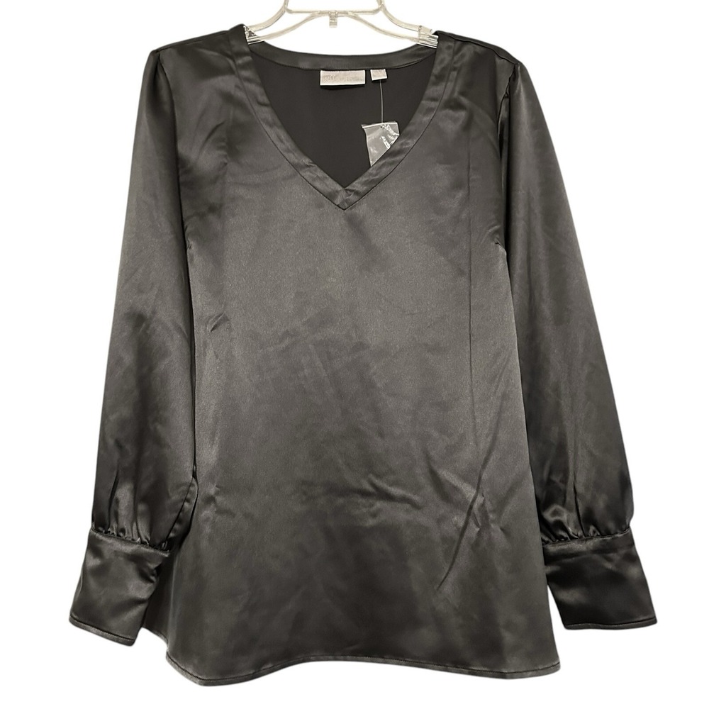 Belle Kim Gravel Womens Top Sz L Black Satin V Neck Tunic Blouse Witchy Capsule